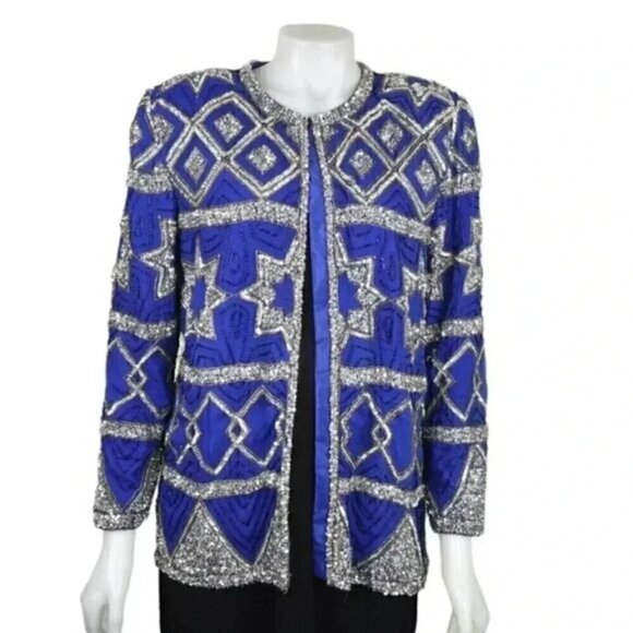 Vintage  80's Scarlet Rage Royal Blue Silver Stars Beaded Sequins Jacket Formal - Picture 1 of 14